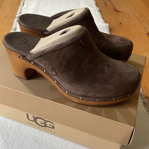 NIB UGG Abbie Brown Suede Wood Platform Clogs Slides Sz 7 5772